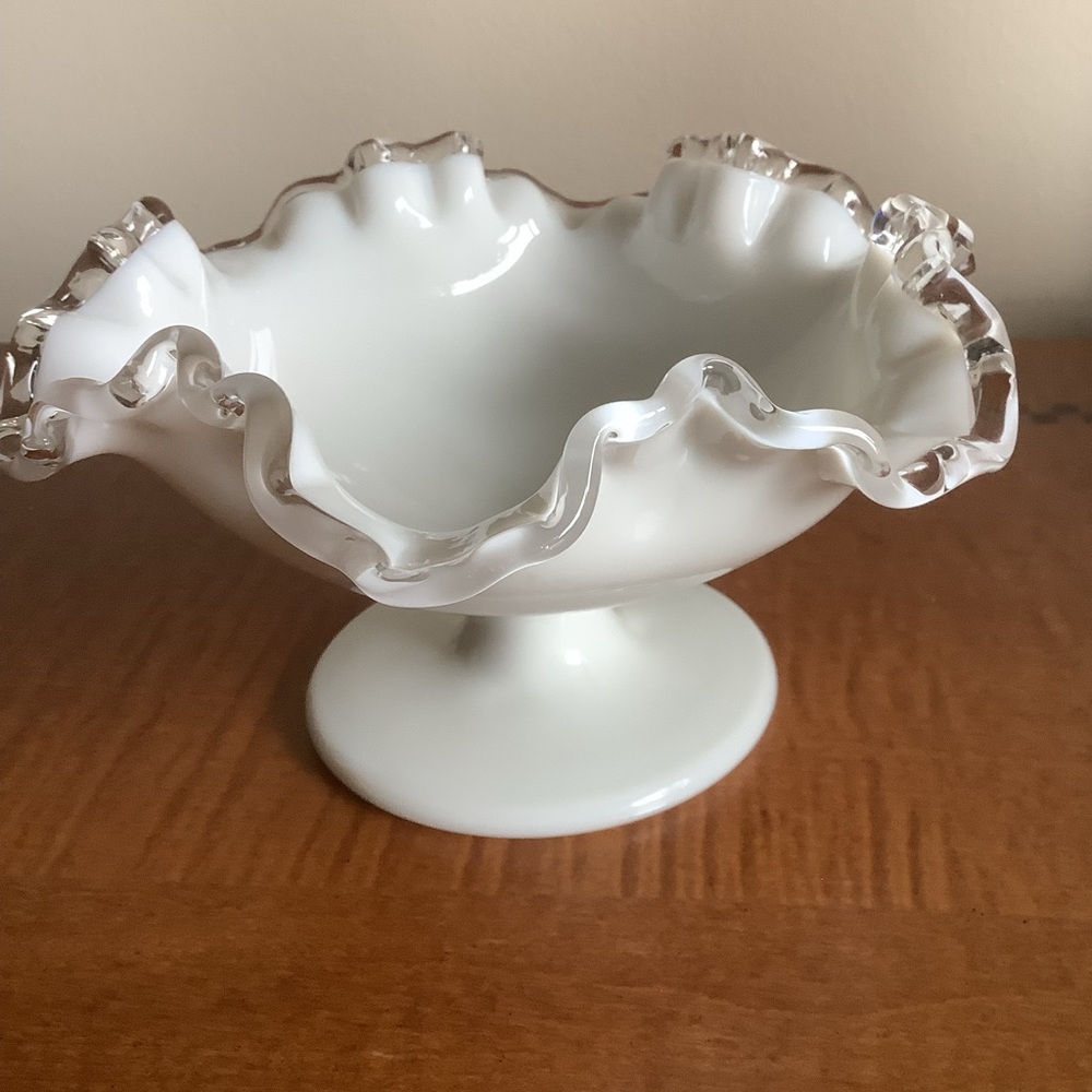Vintage White Milk Glass Ruffled Edge Pedestal Bowl